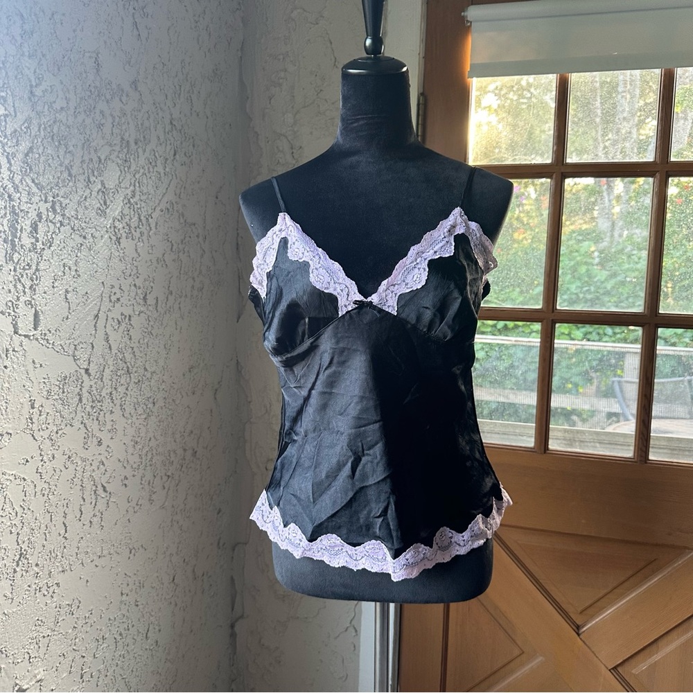 🦋 No Boundaries Black Lingerie Camisole Babydoll Top w/ Pink Lace Hem & Tiny Bow
